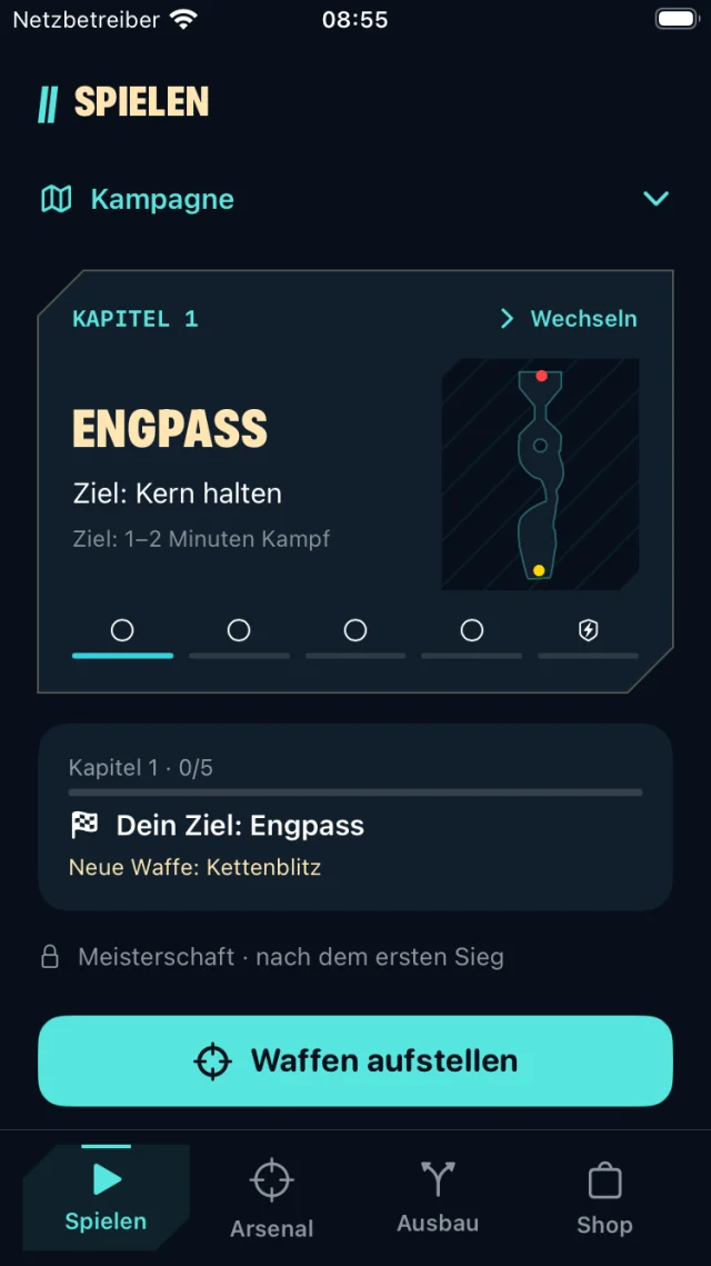 Kampagnenauswahl mit der Mission Engpass und dem nächsten Ziel