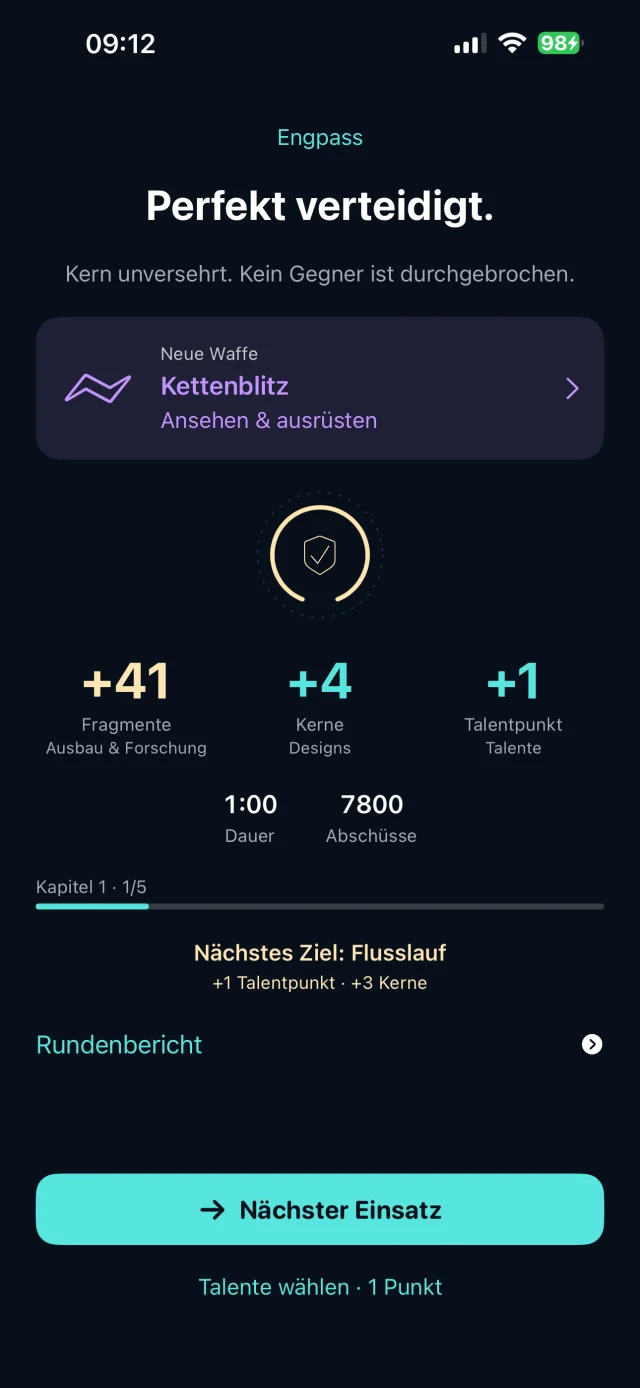 Ergebnisansicht nach einem Testeinsatz mit Fortschritt und nächstem Ziel
