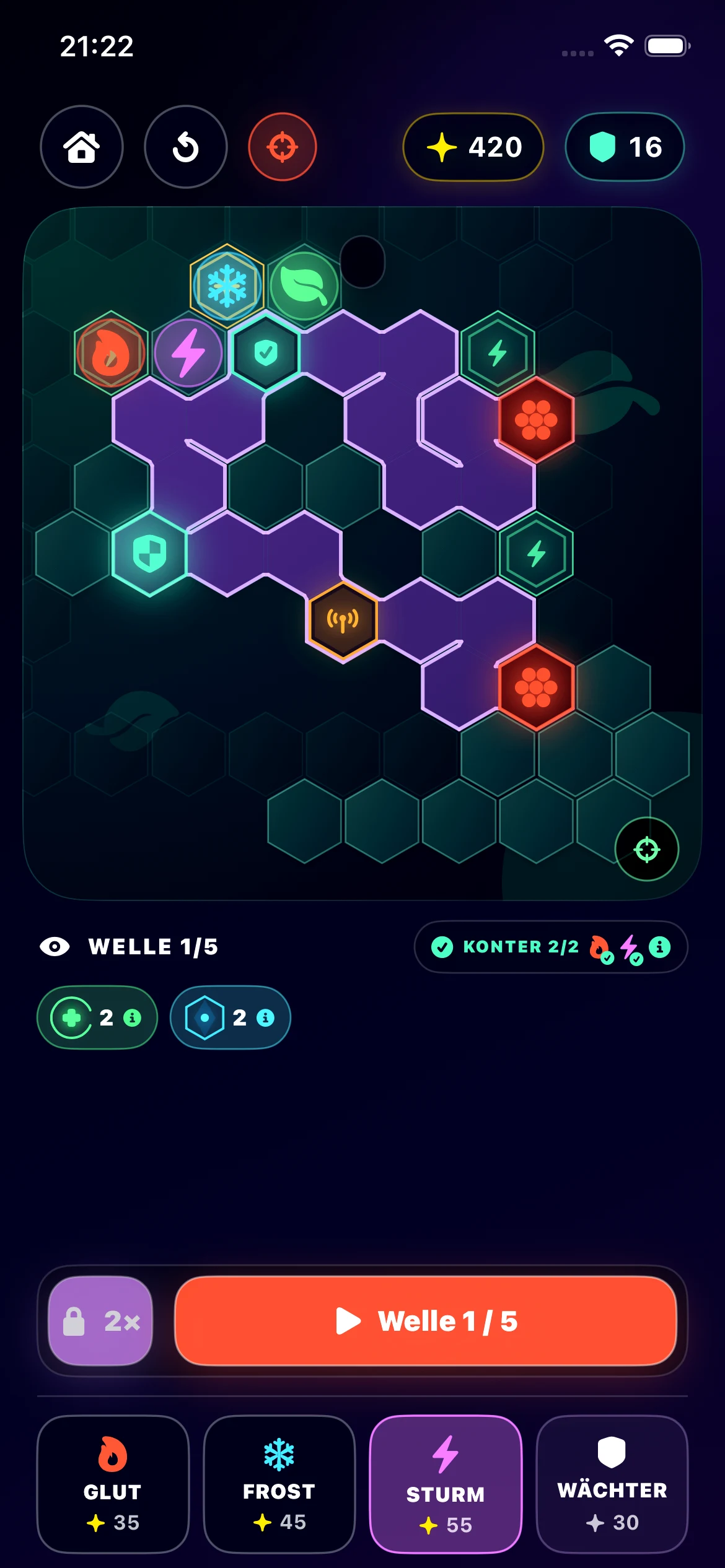 Hexfall: aktuelle spielbare Hexfeld-Expedition mit Routenwahl und Türmen