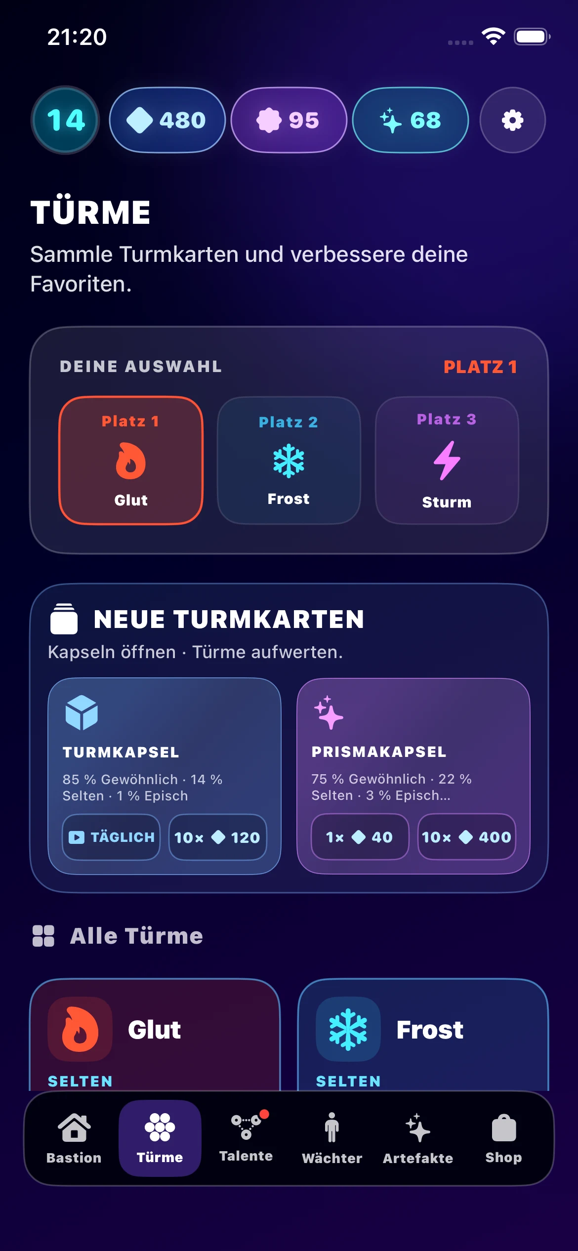 Hexfall: aktuelle Auswahl, Kapseln und Sammlung der Türme